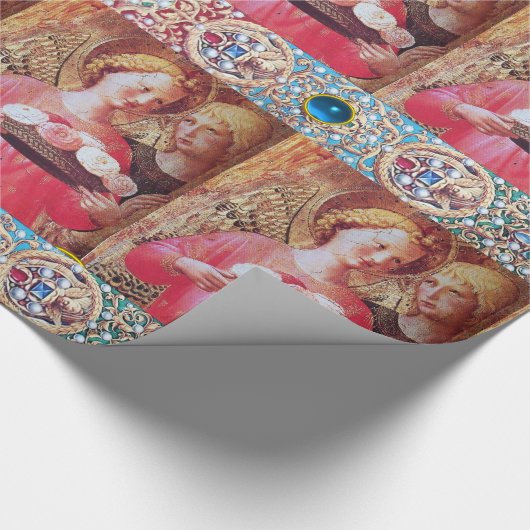 天使とバラ,赤い青い宝石,白い真珠 ラッピングペーパー (角)