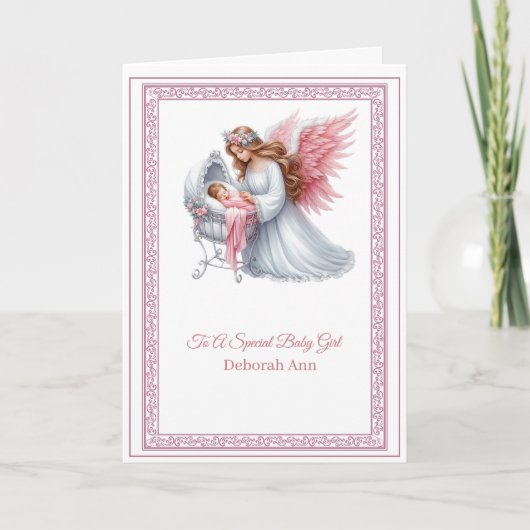 天使とベビーでカスタマイズ可能な洗礼挨拶 カード (正面)