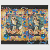 天使とヴァージンパーチメント、赤い青の花、宝石 ラッピングペーパー (フラット)