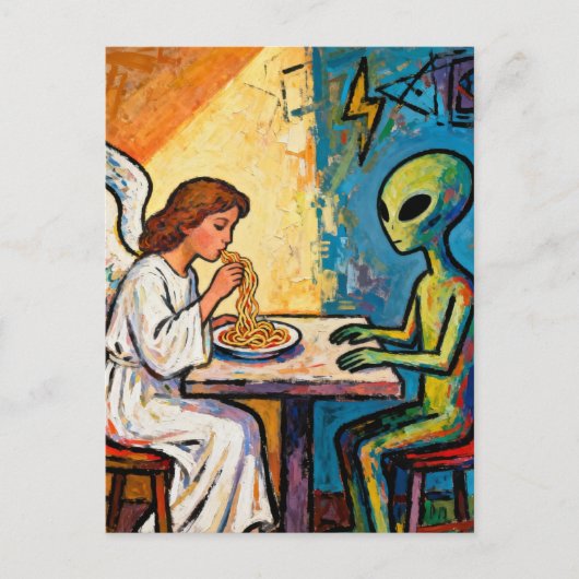 天使と宇宙人がスパゲッティを食べる ポストカード (正面)
