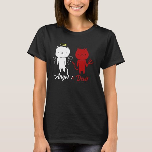 天使と悪魔の猫デザイン Tシャツ (正面)