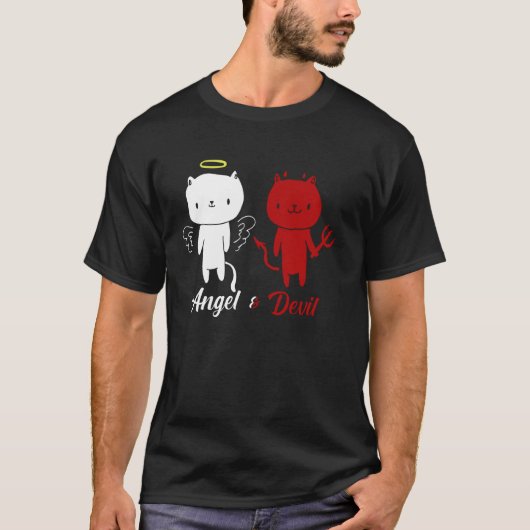天使と悪魔の猫デザイン Tシャツ (正面)
