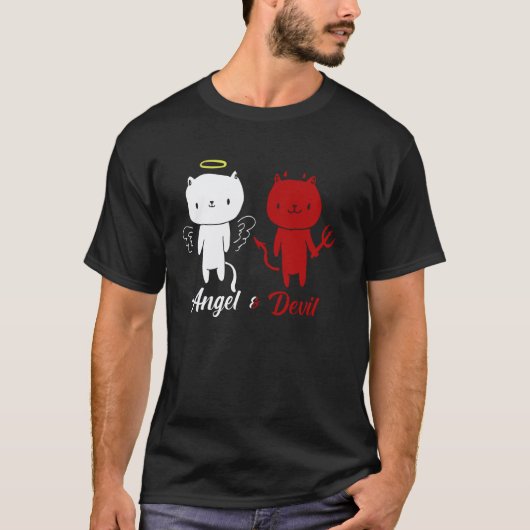 天使と悪魔の猫デザイン Tシャツ (正面)