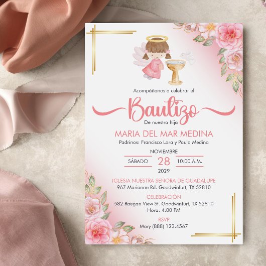 天使と花の女の子の洗礼の招待状 招待状