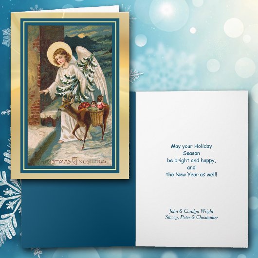天使と鹿のギフト ヴィンテージクリスマスカード シーズンカード