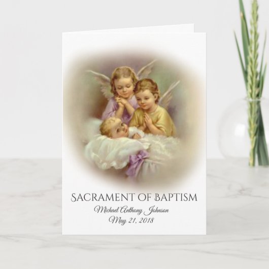 天使のいる洗礼式の赤ちゃんの招待状カード 招待状 (正面)