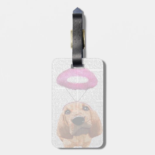 天使のようなピンクのハローを持つブラッドハウンド ラゲッジタグ (裏面縦)