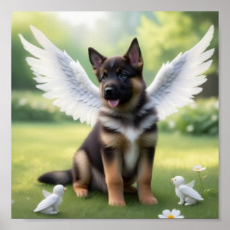 天使のような翼を持つドイツの羊飼いの子犬 ポスター