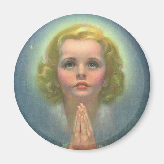 天使のような金髪の少女が光輪と星に囲まれて祈る マグネット (正面)