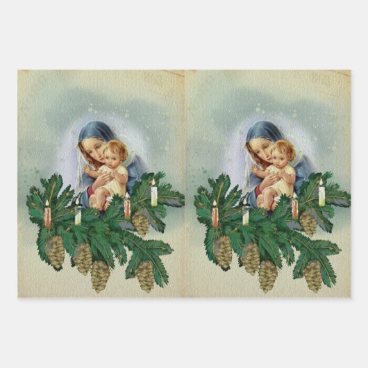 天使のクリスマスメリーとキャンドルライトのイエス ラッピングペーパーシート (正面3)