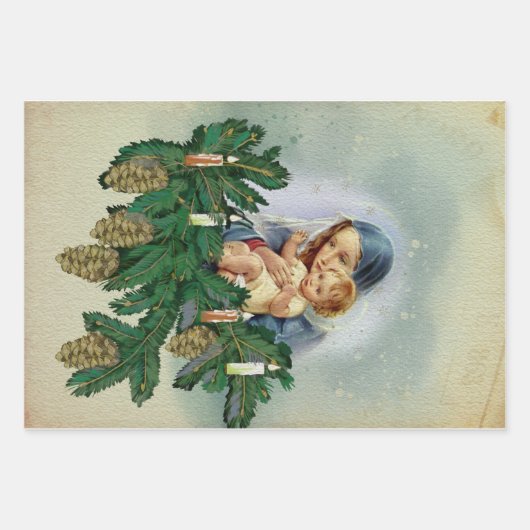 天使のクリスマスメリーとキャンドルライトのイエス ラッピングペーパーシート (正面)