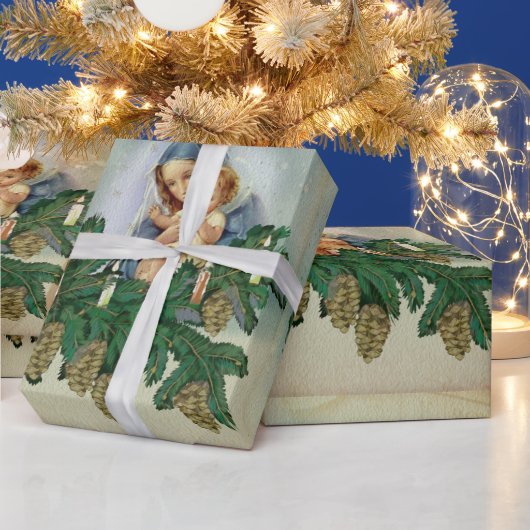 天使のクリスマスメリーとキャンドルライトのイエス ラッピングペーパー (クリスマス)