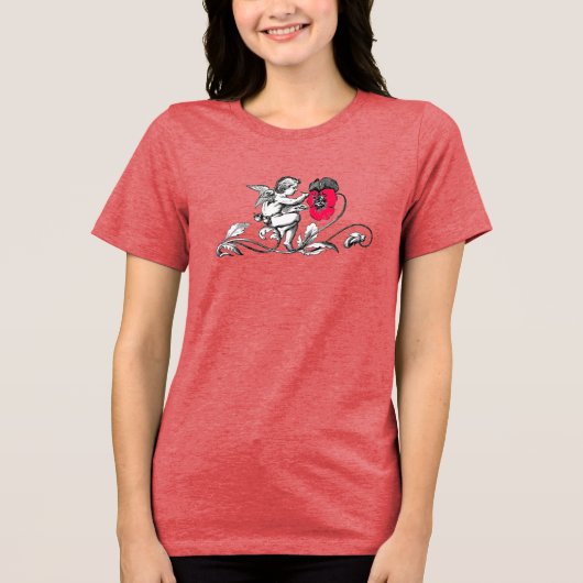 天使のピンクの花の絵 トライブレンドTシャツ (正面)