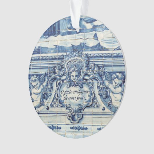 天使の付いたポルトガルの青と白の壁タイル オーナメント (正面)