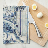 天使の付いたポルトガルの青と白の壁タイル キッチンタオル (四つ折り)