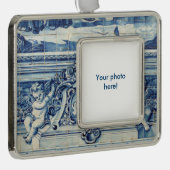 天使の付いたポルトガルの青と白の壁タイル シルバープレートフレームオーナメント (右)