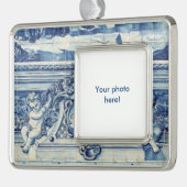 天使の付いたポルトガルの青と白の壁タイル シルバープレートフレームオーナメント (左)