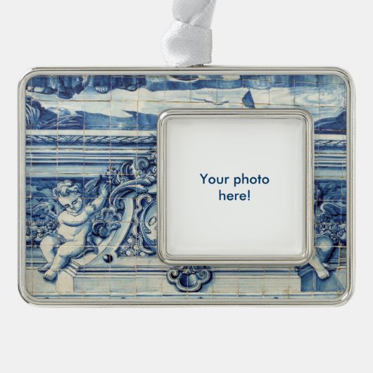 天使の付いたポルトガルの青と白の壁タイル シルバープレートフレームオーナメント (正面)