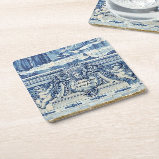 天使の付いたポルトガルの青と白の壁タイル スクエアペーパーコースター (アングル)