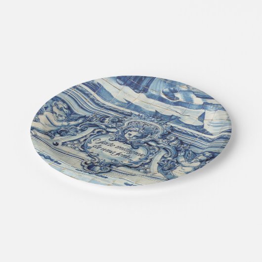 天使の付いたポルトガルの青と白の壁タイル ペーパープレート (アングル)