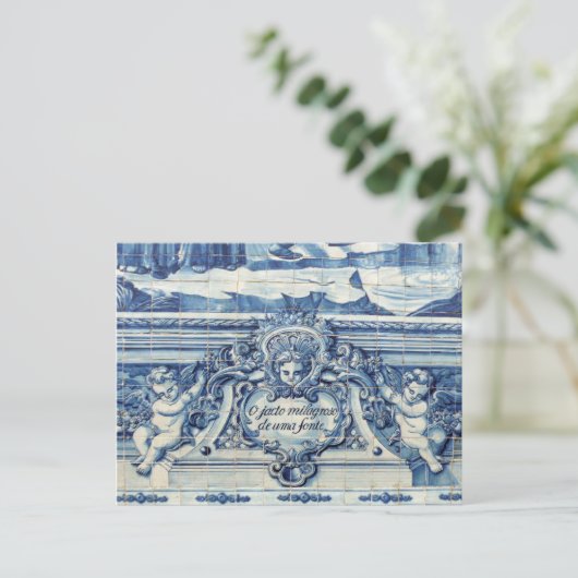 天使の付いたポルトガルの青と白の壁タイル ポストカード (スタンド正面)