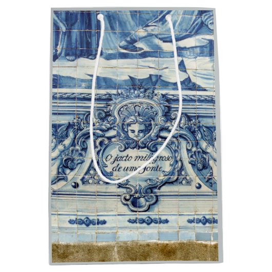 天使の付いたポルトガルの青と白の壁タイル ミディアムペーパーバッグ (正面)