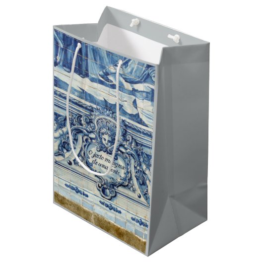 天使の付いたポルトガルの青と白の壁タイル ミディアムペーパーバッグ (正面アングル)
