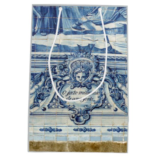 天使の付いたポルトガルの青と白の壁タイル ミディアムペーパーバッグ (裏面)
