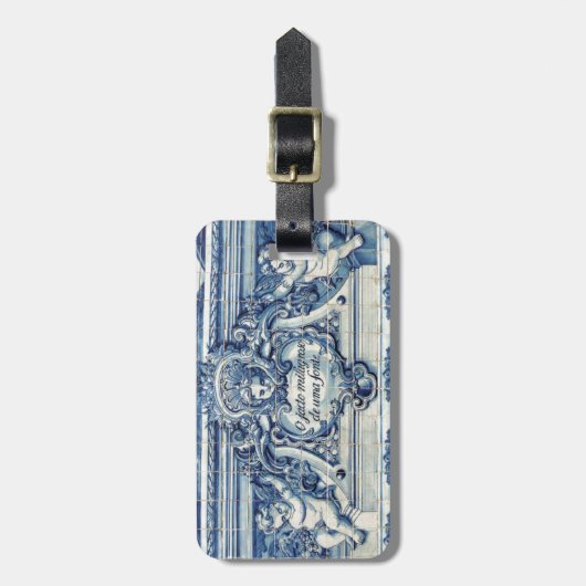 天使の付いたポルトガルの青と白の壁タイル ラゲッジタグ (正面縦)