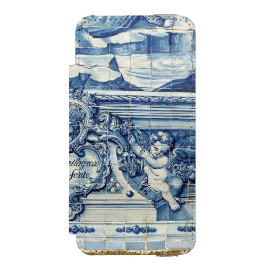 天使の付いたポルトガルの青と白の壁タイル INCIPIO iPhoneウォレットケース (フォリオ 正面)