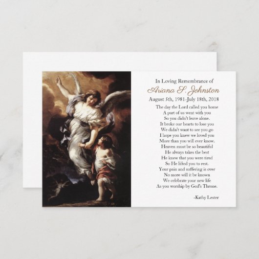 天使の救助によってカスタマイズ悔やみや弔慰の祈りの言葉カード 招待状 (正面/裏面)