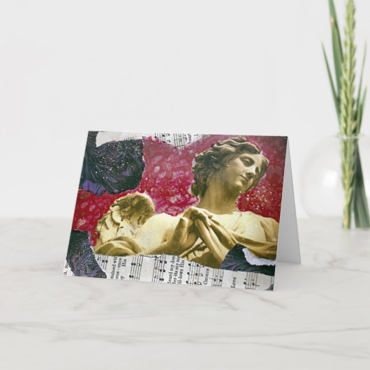 天使の混合メディアのコラージュのピンクの背景、誕生日 カード (正面)