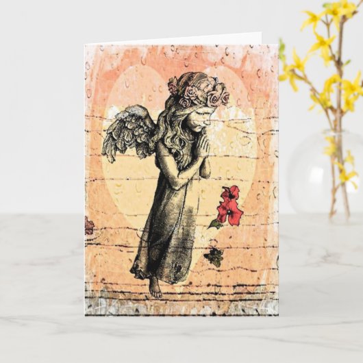 天使の祈る挨拶状のハートの水彩画 カード (黄色い花)