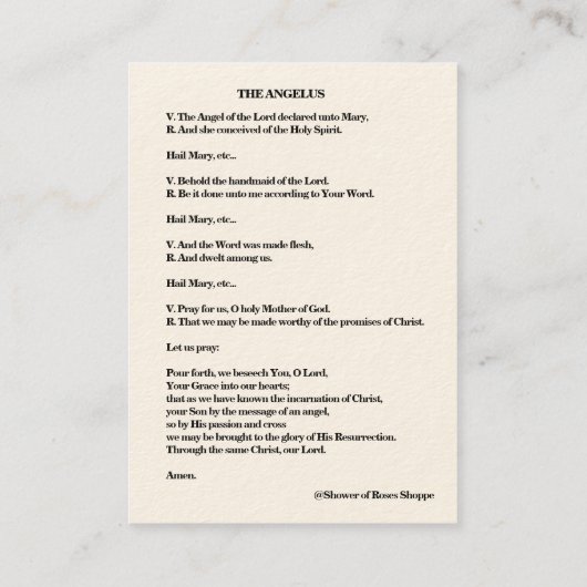 天使の神聖なカードのお告げの祈りの祈りの言葉の告知 名刺 (裏面)