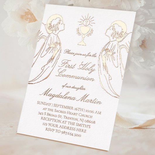 天使の第一聖餐式への崇拝 箔招待状