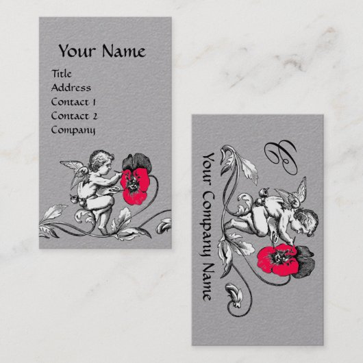 天使の絵画ピンクの花モノグラムホワイトグレー 名刺 (正面/裏面)