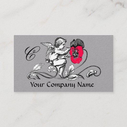天使の絵画ピンクの花モノグラムホワイトグレー 名刺 (裏面)