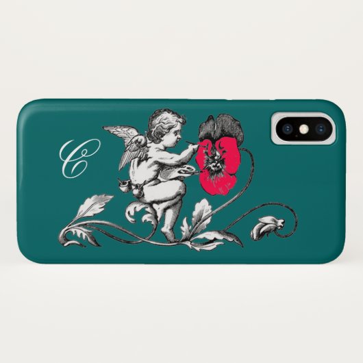 天使の絵画ピンクの花，モノグラム，緑 Case-Mate iPhoneケース (裏面(横))