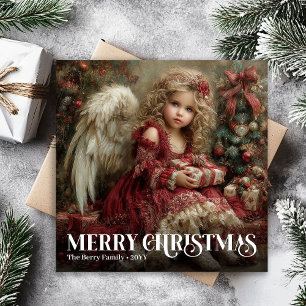 天使の緑と金のヴィンテージクリスマスカード シーズンカード