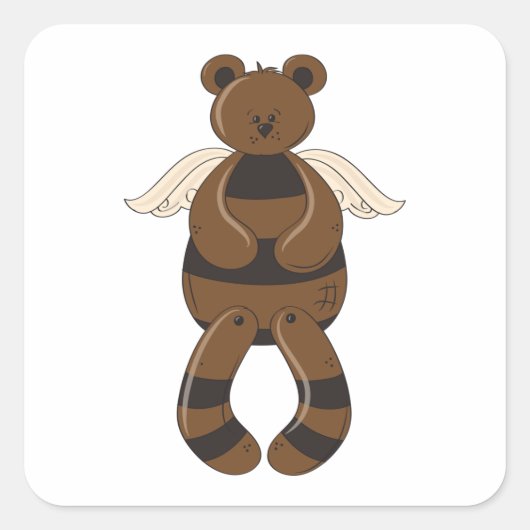 天使の翼でかわいい茶色のテディベア スクエアシール (正面)