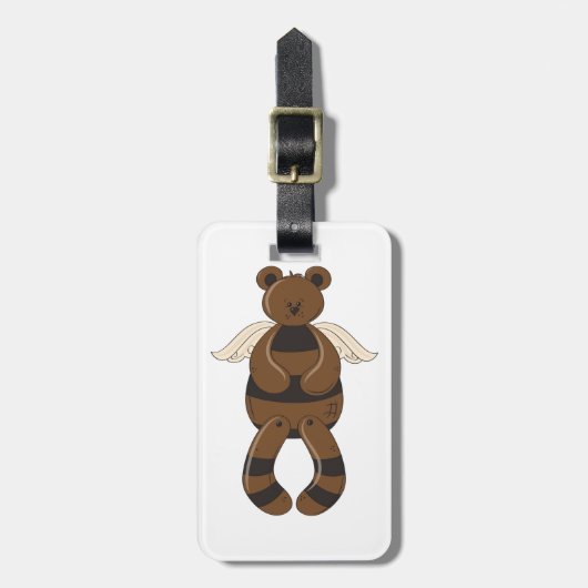 天使の翼でかわいい茶色のテディベア ラゲッジタグ (正面縦)