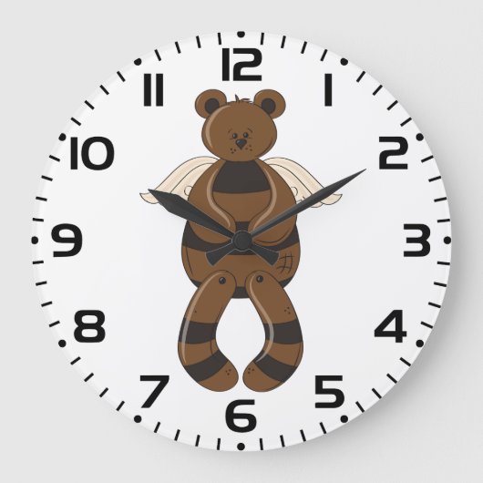 天使の翼でかわいい茶色のテディベア ラージ壁時計 (正面)