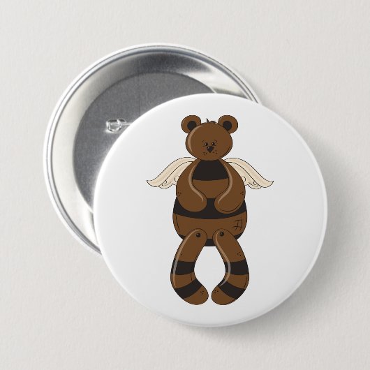 天使の翼でかわいい茶色のテディベア 缶バッジ (正面&裏面)