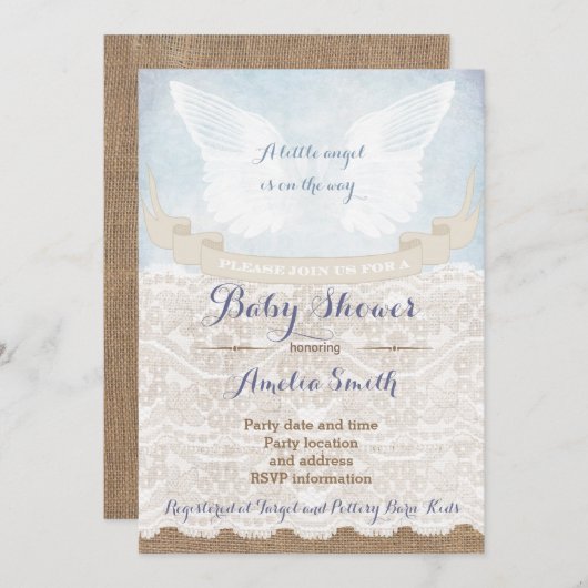 天使の翼のベビーシャワー招待状for Boy 招待状 (正面/裏面)