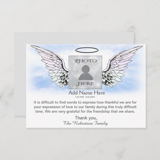 天使の翼の葬儀写真ありがとうカード (正面/裏面)