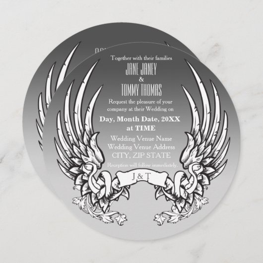 天使の翼及びリボンの旗の結婚式招待状 セーブザデート (正面/裏面)