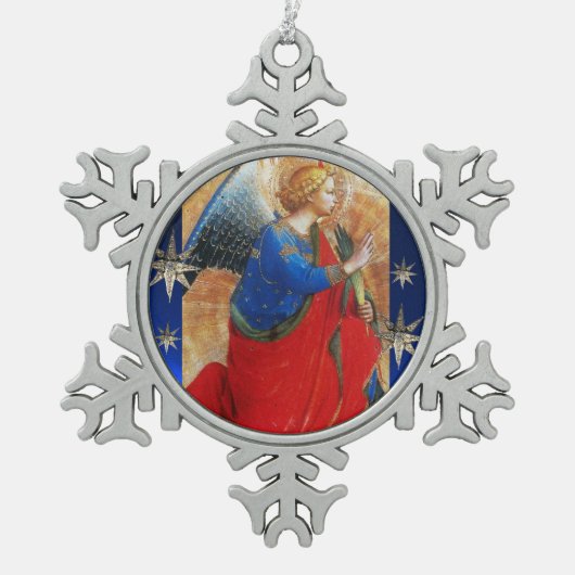 天使の赤、金ゴールド、青とダイヤモンドの星 スノーフレークピューターオーナメント (正面)