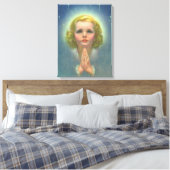 天使の金髪の少女が光輪と星を纏って祈る キャンバスプリント (インサイチュ (寝室))