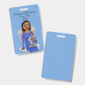 天使の銀製のハローの青い服は白い天使猫を注目します バッジ (正面＆裏面)