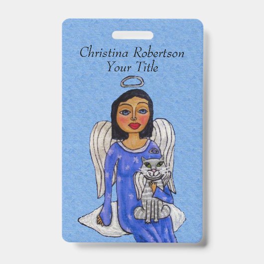 天使の銀製のハローの青い服は白い天使猫を注目します バッジ (正面)